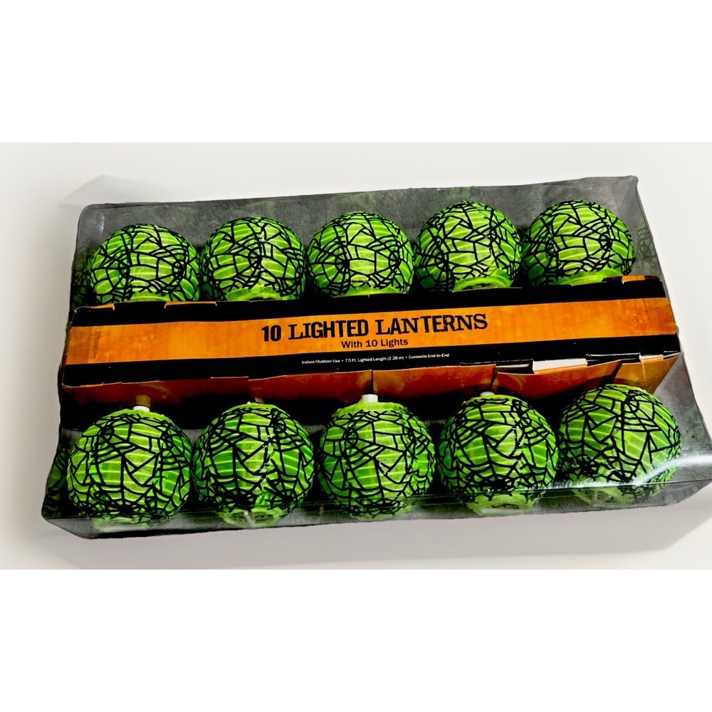 10 Count Neon Green Halloween Lantern Style Spiderweb Print String Lights